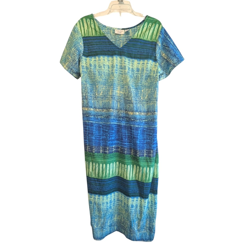 Amanda Stewart Blue Green Abstract Print Maxi Dress V-Neck Short Sleeve Large